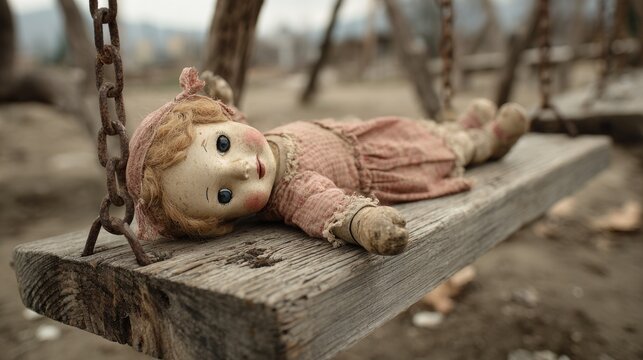 Old doll lying on a swing in an abandoned playground setting.