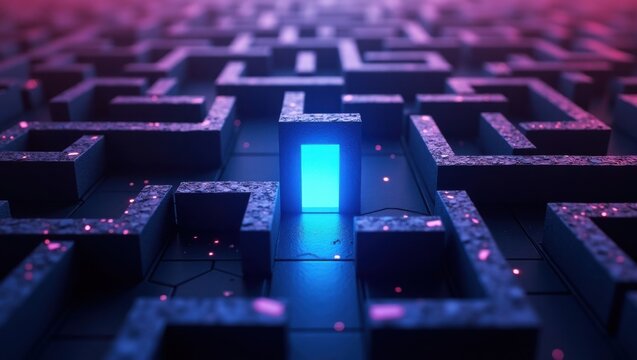 Laberinto abstracto iluminado con ne&oacute;n, compuesto por nodos y caminos interconectados con una puerta de entrada