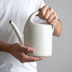Close Up Of Man Hands Holding A Light Beige Ceramic Watering Can With A Smooth Finish And Arching Handle Against A Soft Gray Studio Background With Natural Lighting