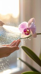 Close up of gentle hand misting a pink orchid flower with water droplets in soft morning sunlight creating a dreamy atmosphere