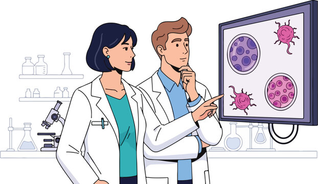 Scientists examining virus cells on screen in laboratory setting with doctor