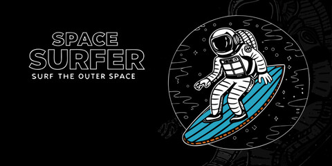 Astronaut rides a surfboard through the cosmos in a retro space design © Prosanta
