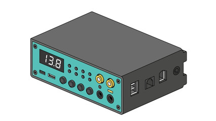 Obraz premium 3D rendering of a small electronic device with a digital display and various ports on a white background