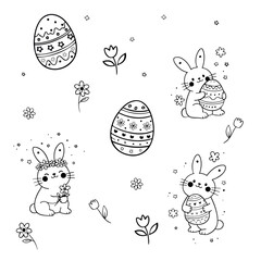 Easter doodle set with bunnies, decorated eggs, flowers and stars. Black outline illustration isolated on transparent background for greeting cards, stickers, prints and kids design.