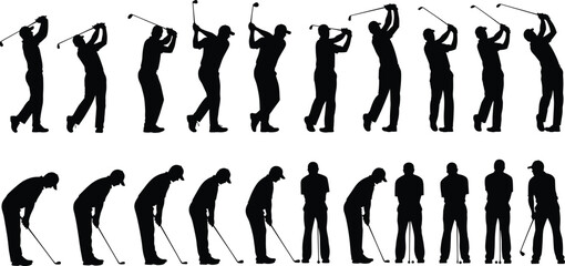 Golf swing and putting sequence silhouettes showing professional golfer motion progression isolated on white background for sports training, coaching, and instructional design