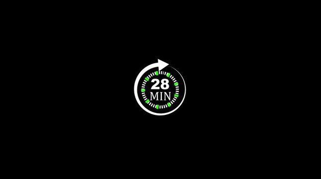 White Arrow Clock Icon With 28 Minutes And Green Markings On Black Background time timer