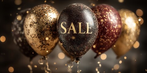 Luxury sale balloon with golden glitter confetti and bokeh lights, perfect for festive retail promotions and ads.