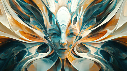 Surreal abstract portrait of a face with vibrant blue, orange, and white flowing shapes, mystical