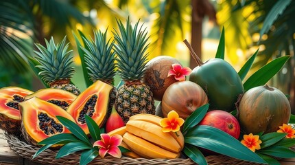 A vibrant tropical fruit arrangement in a wicker basket with lush greenery and colorful flowers