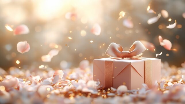 Luxury floral composition with ribboned gift and sparkling bokeh, ideal for premium March 8 invitations and banners.