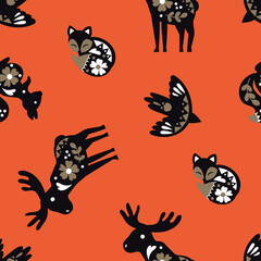 Fototapeta premium Scandinavian Animals Seamless Pattern. Moose, fox, squirrel, bird. Design for fabric, textile, wallpaper, packaging 