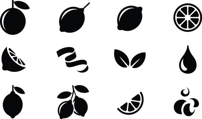 Fototapeta premium A collection of various black lemon and lime fruit silhouettes with slices and leaves on white