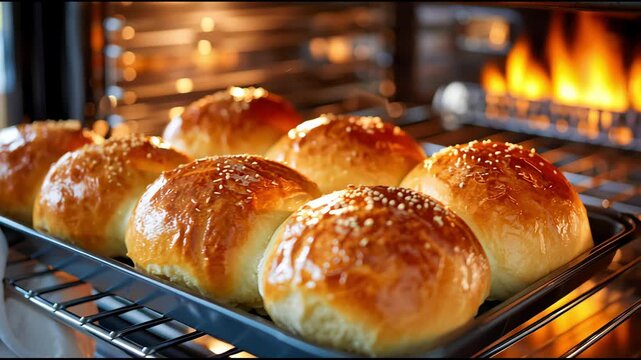 Fresh golden buns on a baking sheet from the oven. For baking, home cooking, recipes, and gastronomy.	