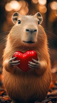 A cute capybara holds a red heart in its paws on a blurred natural background, representing the concept of love and Valentine's Day.	