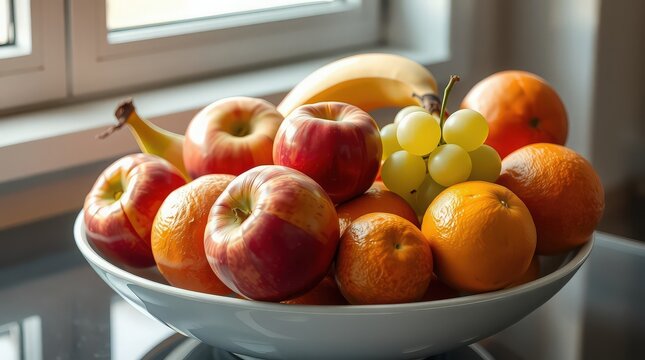 A bowl of fresh fruit sits on a kitchen counter near a window.
