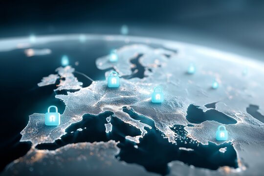 Digital map of Europe with glowing security locks symbolizing cybersecurity data protection digital sovereignty and the growing importance of privacy across European networks