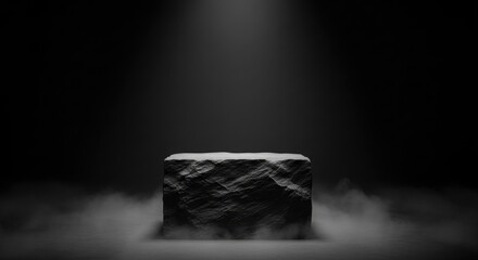 A spotlight illuminates a rough, textured stone pedestal emerging from swirling fog on a dark background, perfect for product displays or dramatic presentations