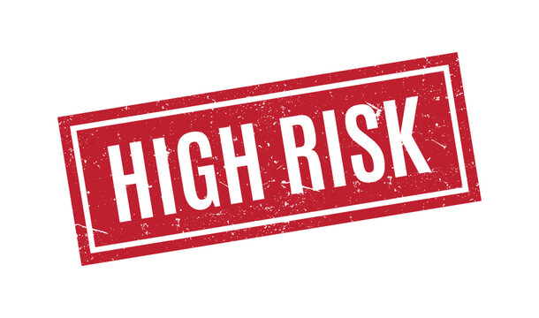 solid red rectangular high risk rubber stamp with heavy grunge texture for professional document marking