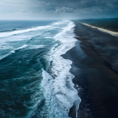 Aerial View of Ocean Waves Along Dark Sandy Coastline