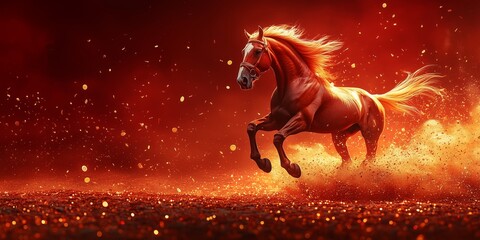 Red zodiac horse running through confetti coins, symbolizing prosperity, luck, and Lunar New Year celebration.