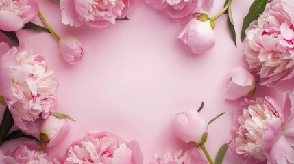Obraz premium Floral background with blooming peonies for elegant and romantic design. Soft peony flower composition for wedding invitations, greeting cards. Floral Spring frame background.