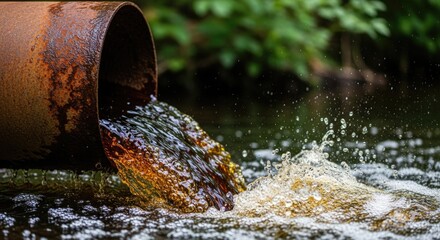 Pollution from a rusty pipe flows into a body of water, representing environmental contamination and ecological damage