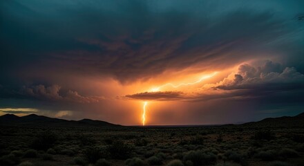Dramatic sunset over a vast desert landscape with a powerful lightning strike illuminating the dark clouds