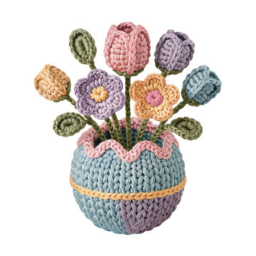 A colorful crochet flower bouquet is arranged in a woven vase, showcasing intricate patterns and delicate workmanship