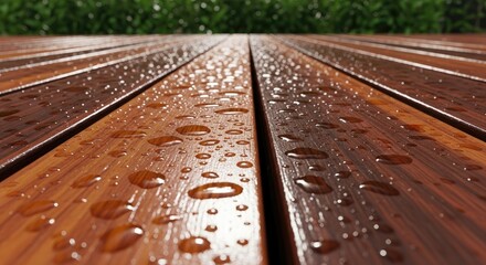 Close-up shot of wooden planks with water droplets, showcasing texture and reflection after a rain shower