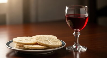 Communion wine and bread on a table, symbolizing Christian sacrament, peace, and faith