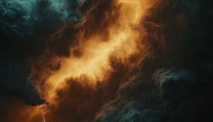 A close-up of a lightning bolt arcing across the sky, with dark storm clouds swirling in the background. The electric arc creates a dramatic contrast against the ominous sky