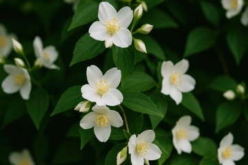 Fototapeta premium White flowers with green leaves background