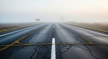 A desolate, empty highway stretches into a foggy, ethereal horizon, emphasizing isolation and journey