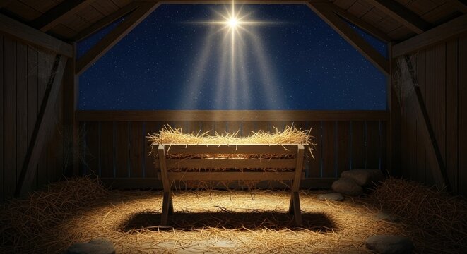 A Holy Nativity Scene with a Star of Bethlehem shining brightly over an empty manger in a stable