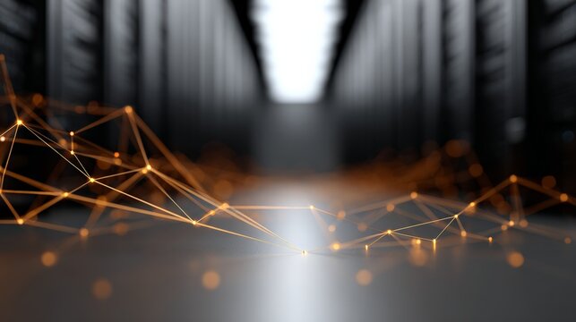 Digital network connections with glowing plexus lines and dots spreading across a modern server room, illustrating concepts of data transfer, cloud computing, and cybersecurity - Powered by Adobe