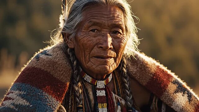 The Wise and Gentle Gaze of a Native American Elder in Warm Evening Light