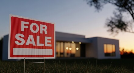 For Sale Sign in Front of a Modern House at Sunset