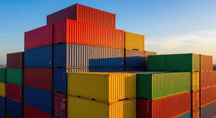 Stack of colorful shipping containers in a port, symbolizing logistics, import, export, and global trade