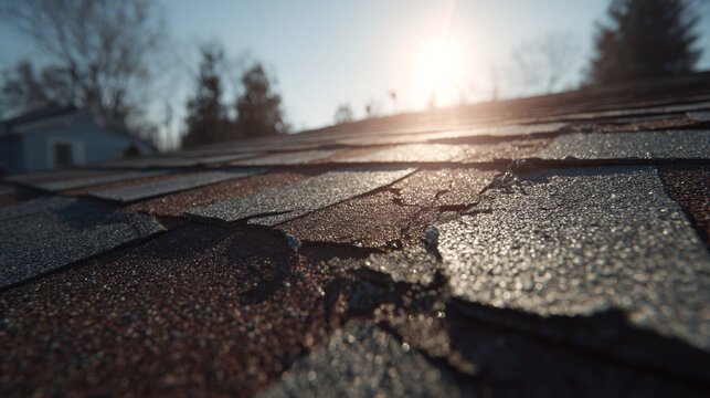 A close-up view of damaged asphalt shingles on a roof with sun shining in the background