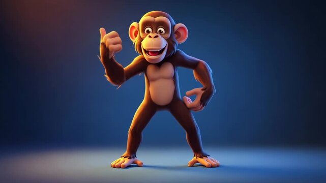 Cute 3D cartoon monkey character standing with a happy expression on a blue background, playful and cheerful.