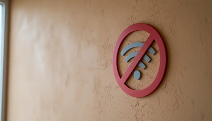 No wifi signal sign on textured tan wall indicating internet connection problems, offline status, network outage and restricted access, symbolizing technical and communication failure