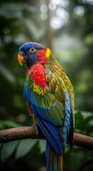 Vibrant Parrot Perched on a Branch Amidst Lush Greenery, Showcasing Stunning Plumage and a Curious Gaze
