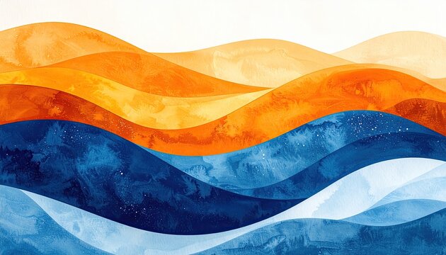 Warm orange dunes meet cool blue waves in a soft, abstract watercolor landscape
