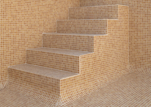 A set of tiled stairs in a warm beige color. The stairs are designed with small mosaic tiles, creating a smooth and modern appearance. The setting is clean and minimalistic.