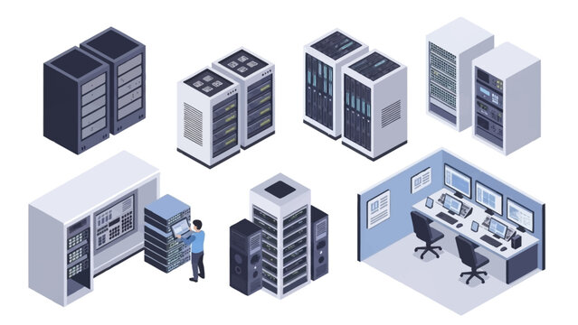 Isometric illustration of server rooms and data centers with a worker and office setup