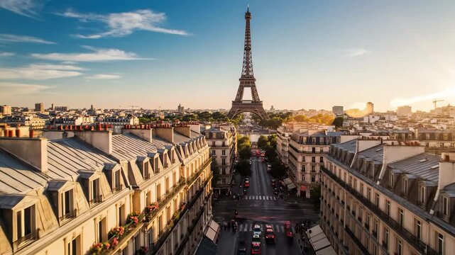 Panoramic View of Paris Rooftops and Eiffel Tower with Busy Street Traffic at Golden Hour