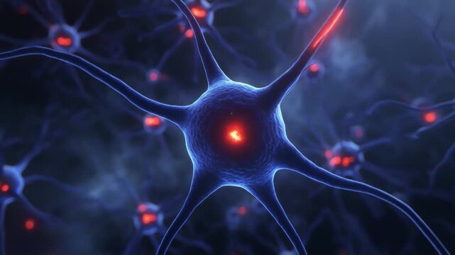 Neural network animation close up glowing synapses firing electrical impulses across brain cells