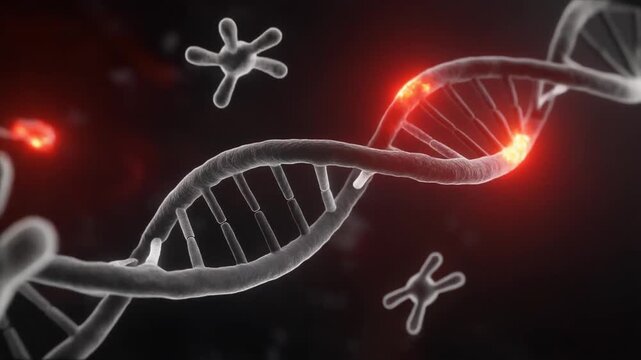 Animated D N A helix with glowing mutation and abstract virus particles science and medical concept