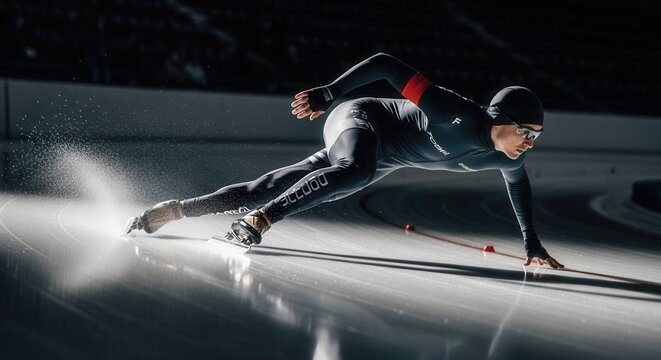 A focused speed skater maintains a low aerodynamic profile during a night competition under dramatic lights.