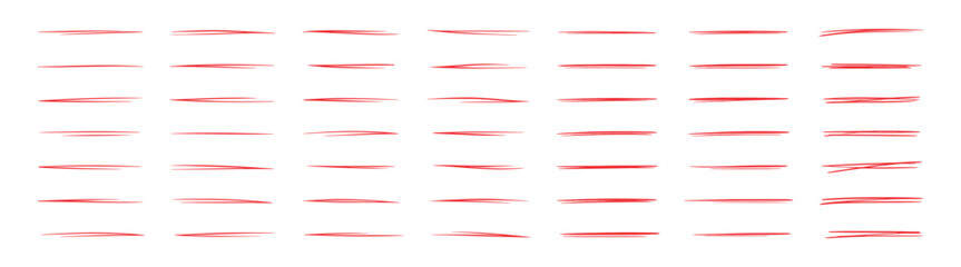 Set of hand drawn red underline and divider lines, minimal doodle strokes for text emphasis and graphic design elements on transparent background